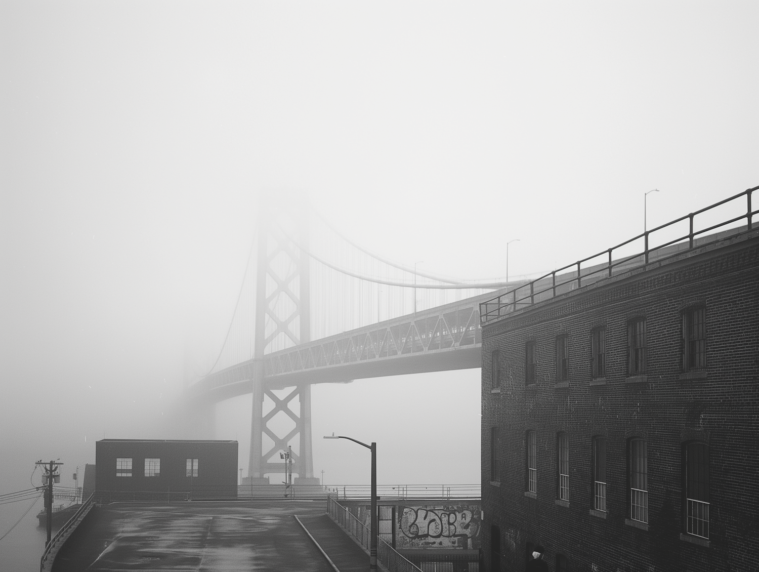 Fog-Enshrouded Bridge with Brick Building