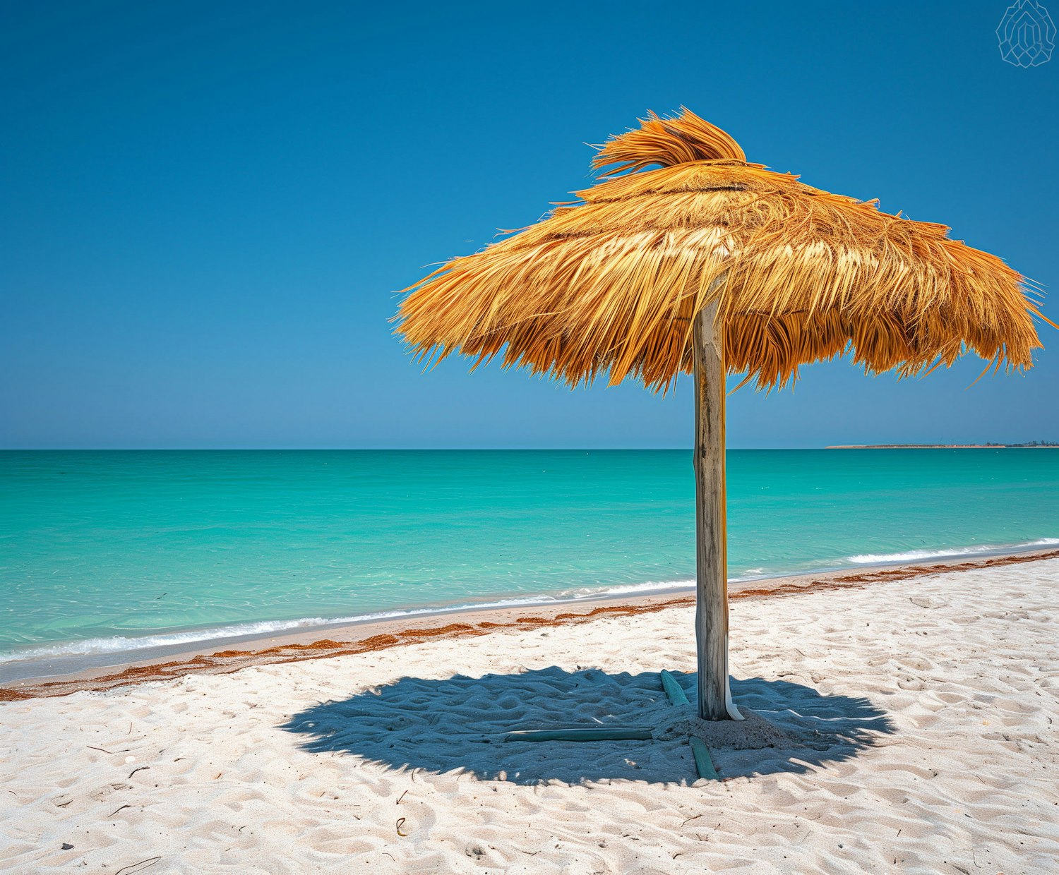 Tranquil Beach Scene with Thatched Umbrella