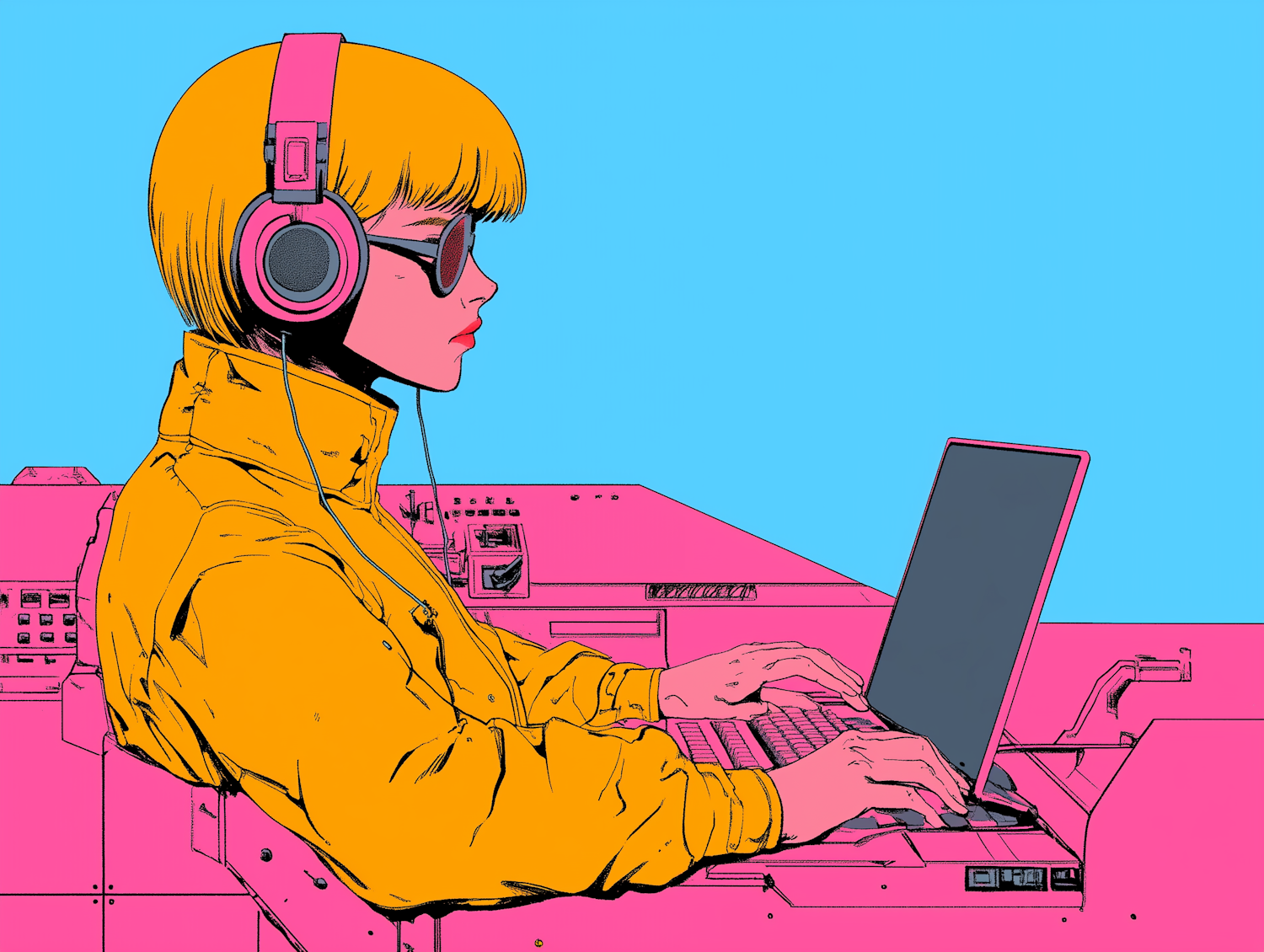 Person with Bright Yellow Hair and Pink Headphones Typing on Laptop