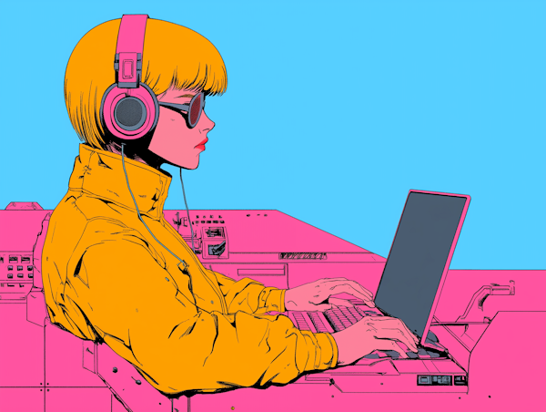 Person with Bright Yellow Hair and Pink Headphones Typing on Laptop