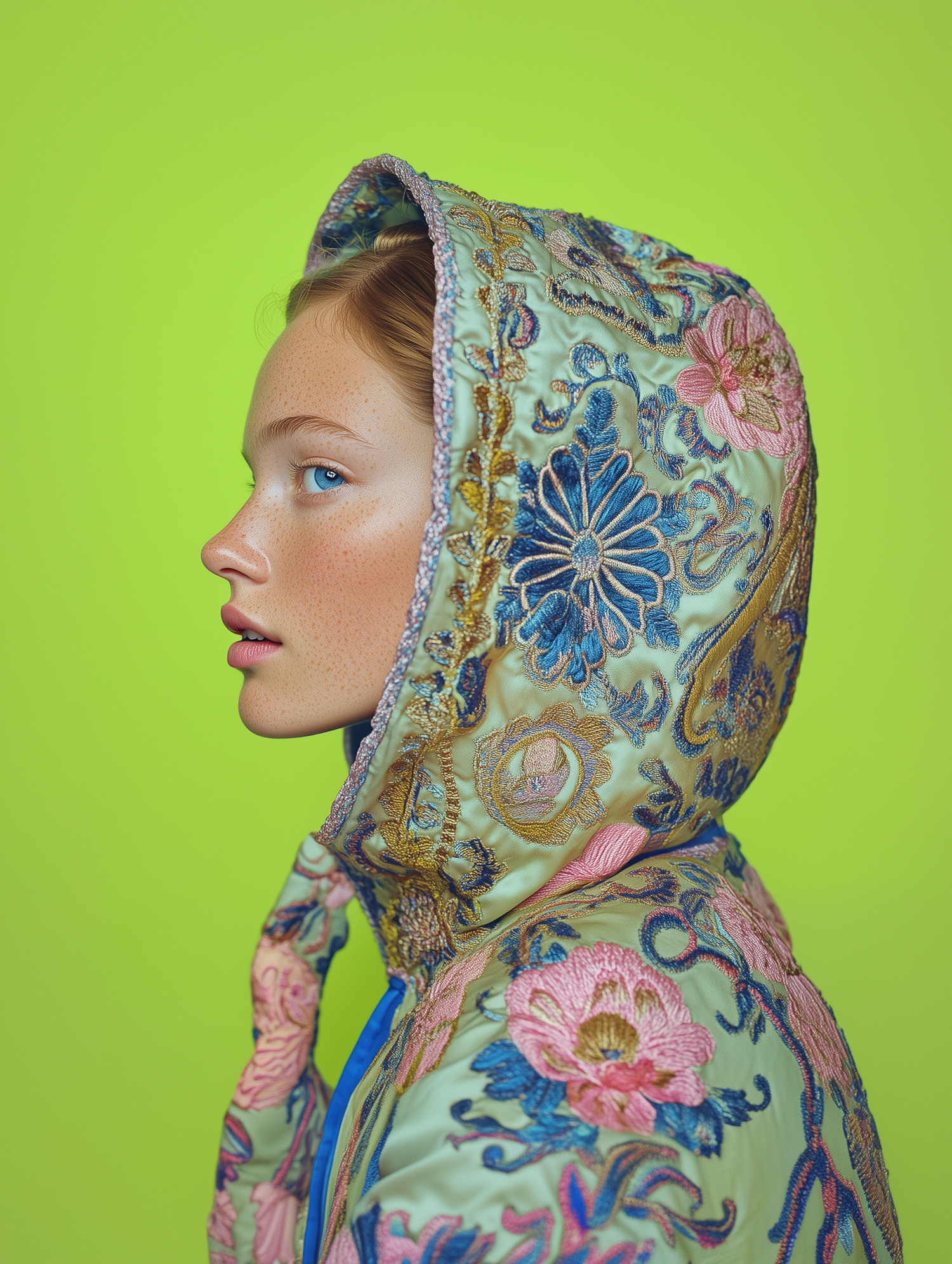 Profile of Young Person in Embroidered Hooded Garment