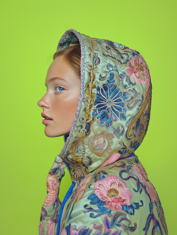 Profile of Young Person in Embroidered Hooded Garment