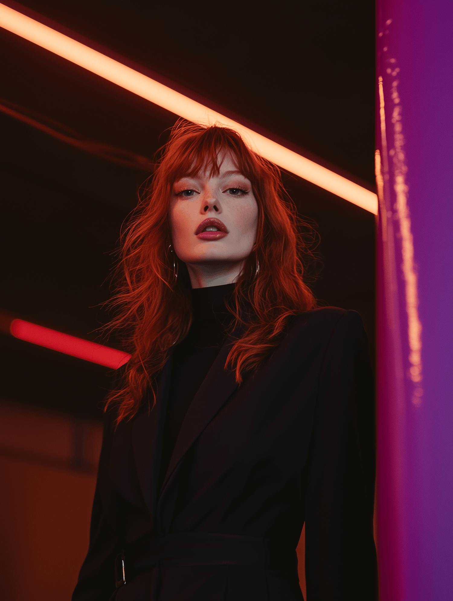 Striking Red-Haired Woman in Neon Light