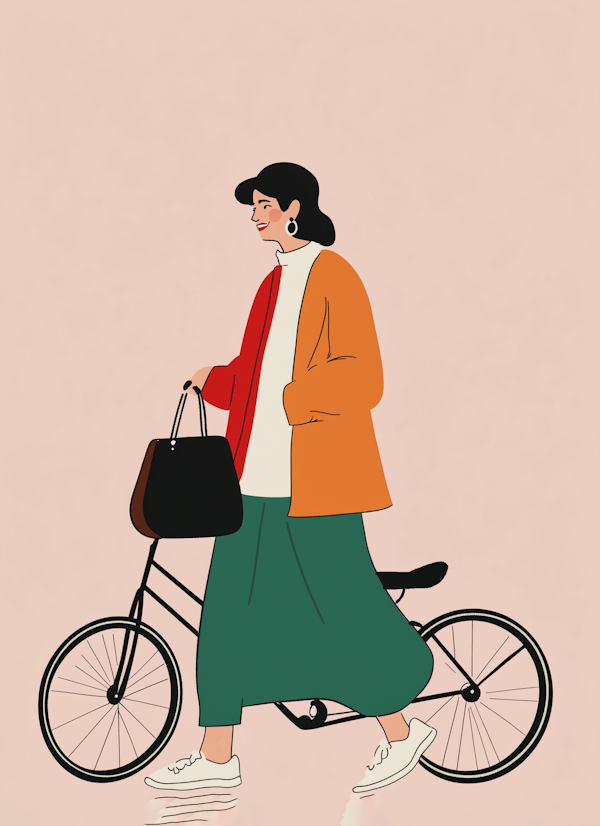 Stylized Illustration of a Chic Woman with Bicycle