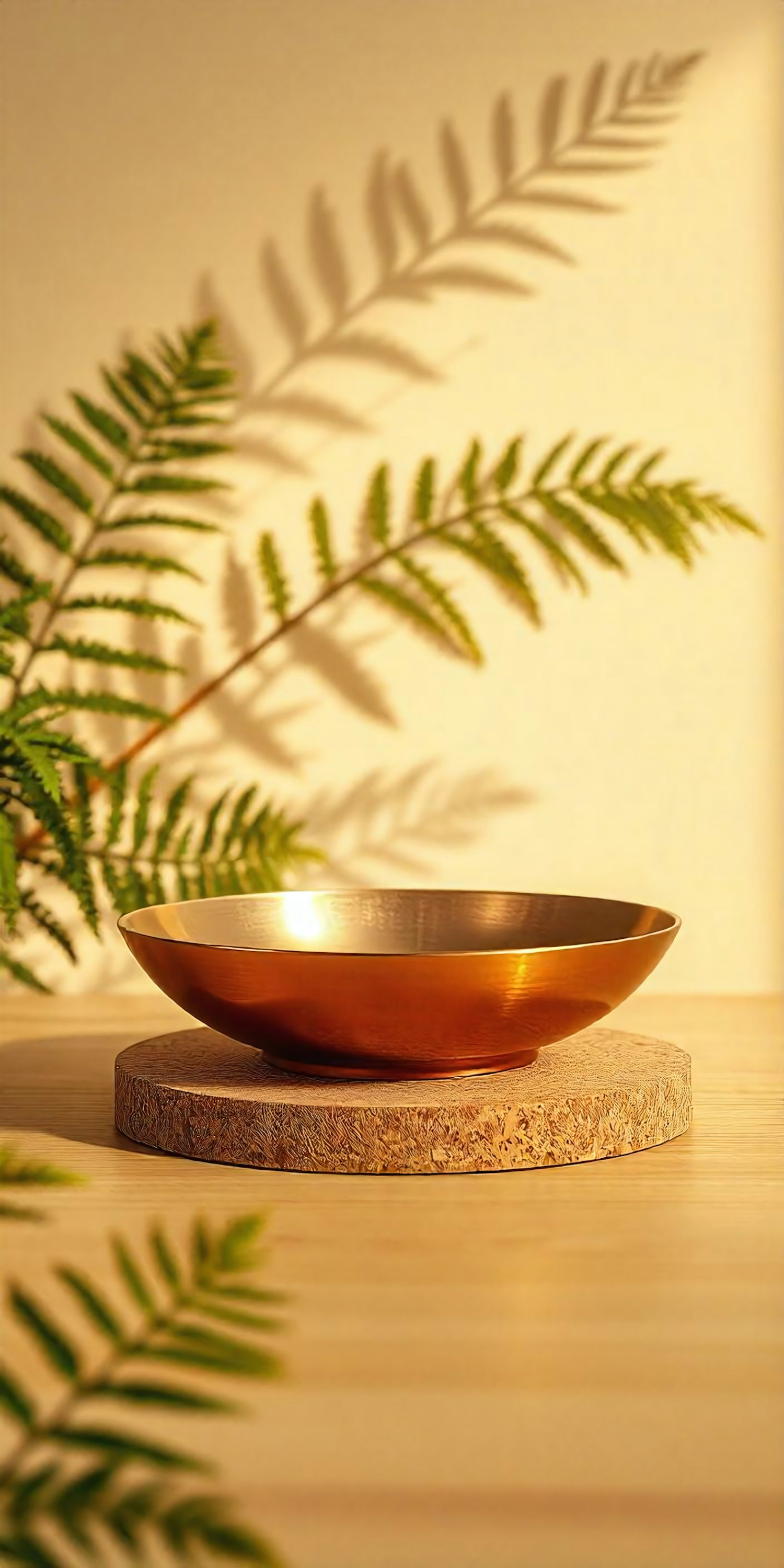 Golden Bowl on Wooden Platform