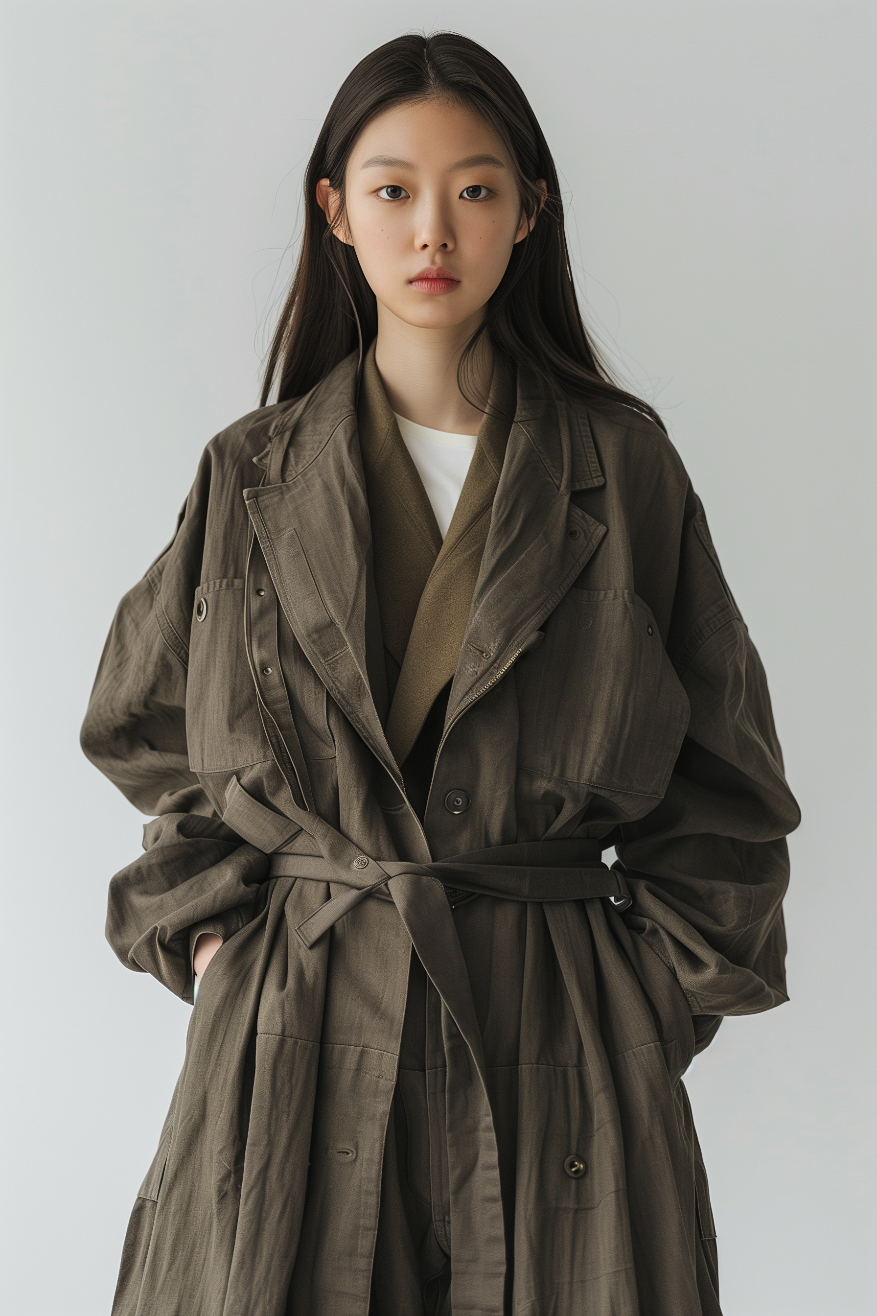 Contemplative Woman in Olive Trench Coat