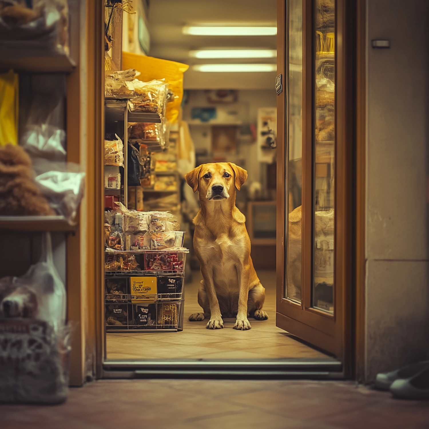 Golden Retriever in Shop Entrance