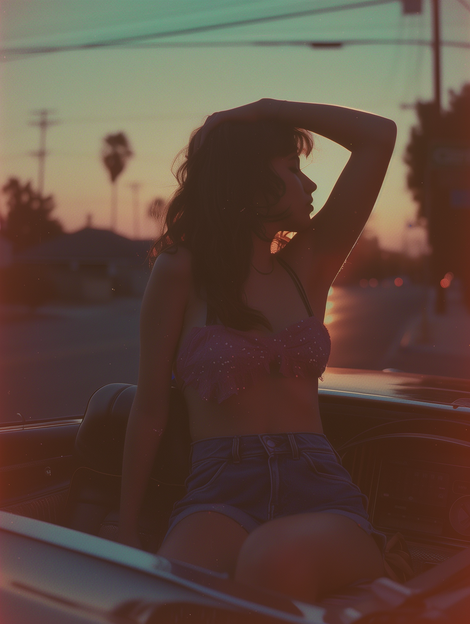 Contemplative Woman at Sunset in Convertible