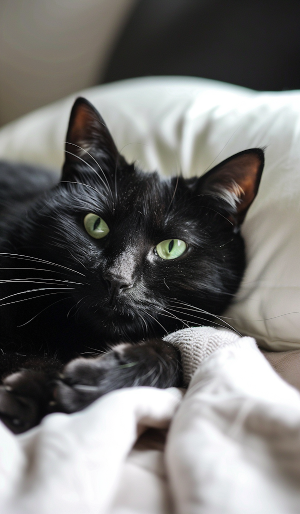 Attentive Black Cat with Green Eyes