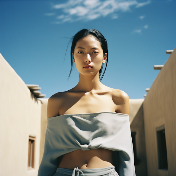 Serene East Asian Woman with Pastel Blue Top Against Adobe Architecture and Blue Sky