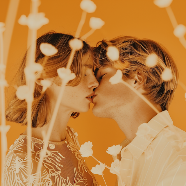 Romantic Couple Kissing with Floral Backdrop