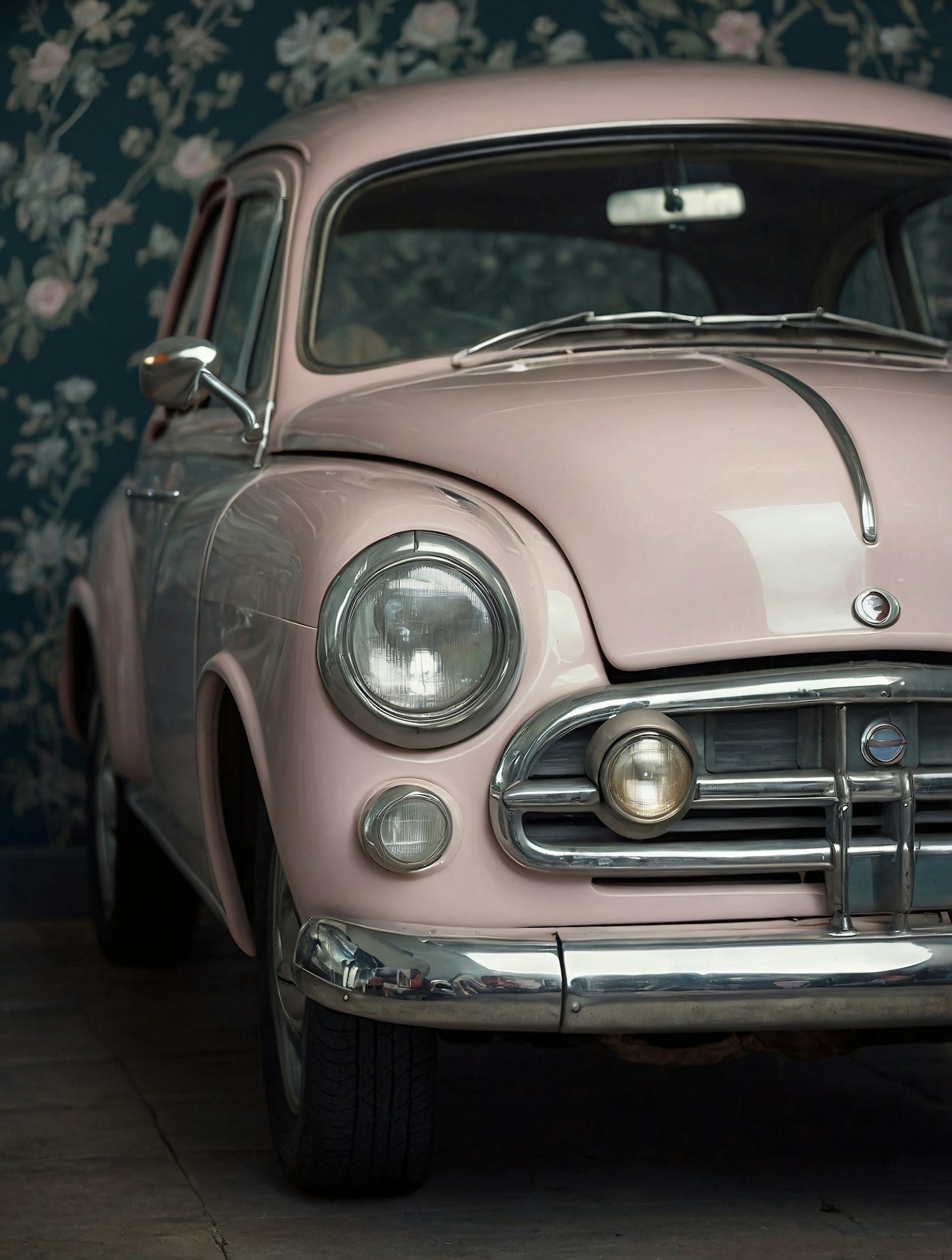 Vintage Pink Car with Floral Background