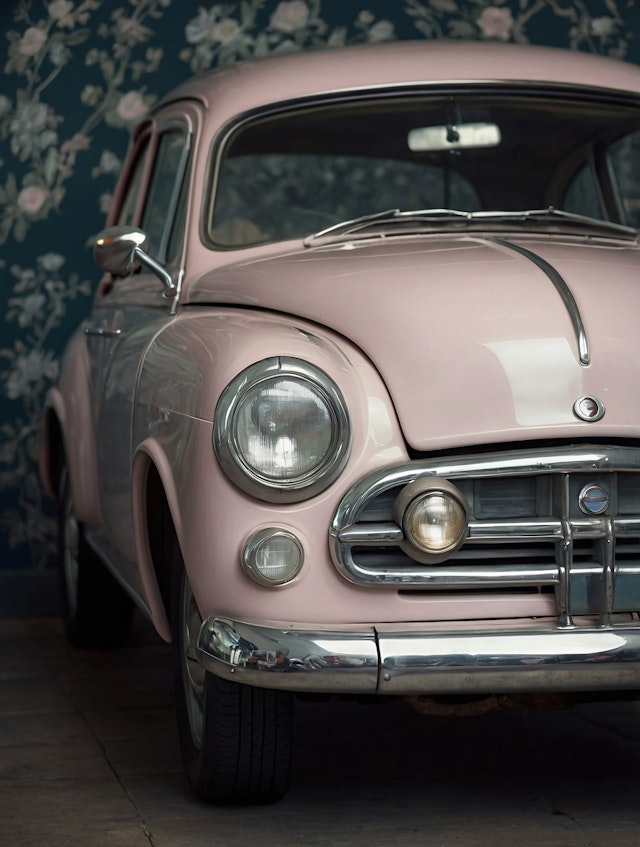 Vintage Pink Car with Floral Background