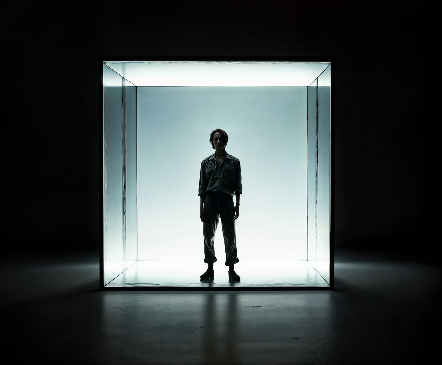 Solitary Figure in Glass Cube