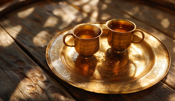 Golden Arabic Calligraphy Tea Cups in Sunlight