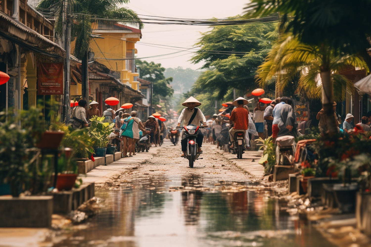 Vibrant Southeast Asian Street Life with Red Umbrellas