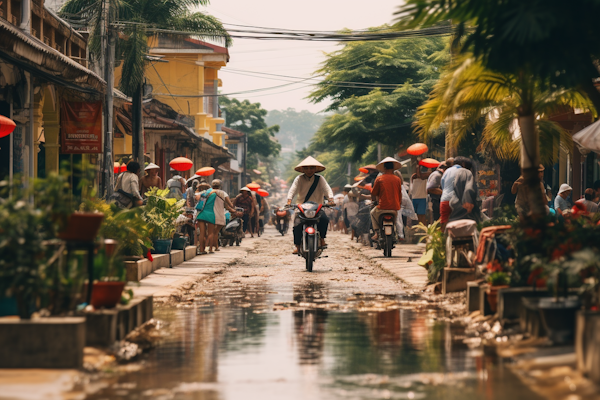 Vibrant Southeast Asian Street Life with Red Umbrellas