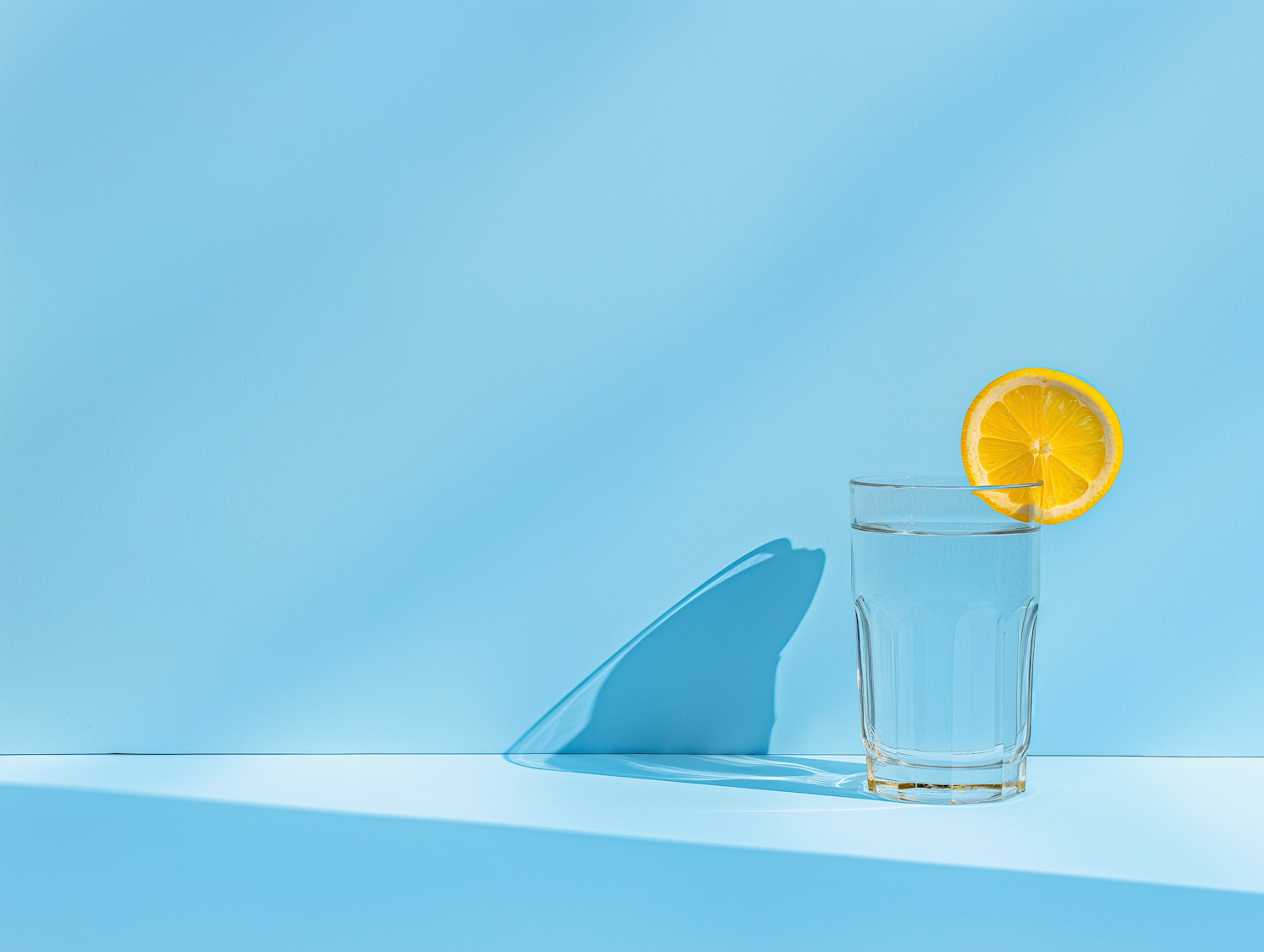 Clear Glass of Water with Lemon on Blue Background