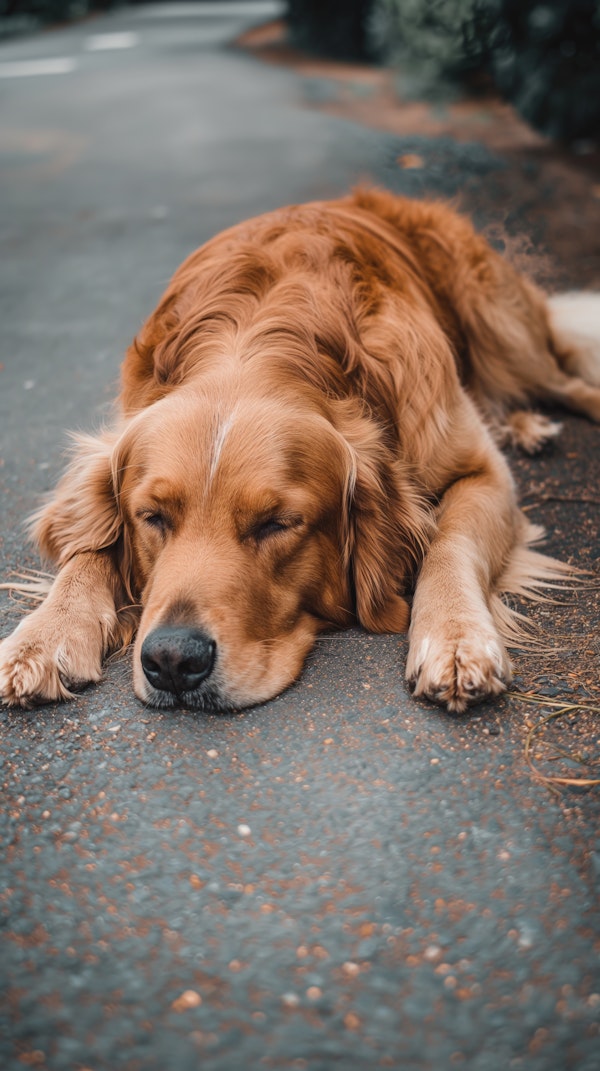 Resting Golden Retriever on Asphalt