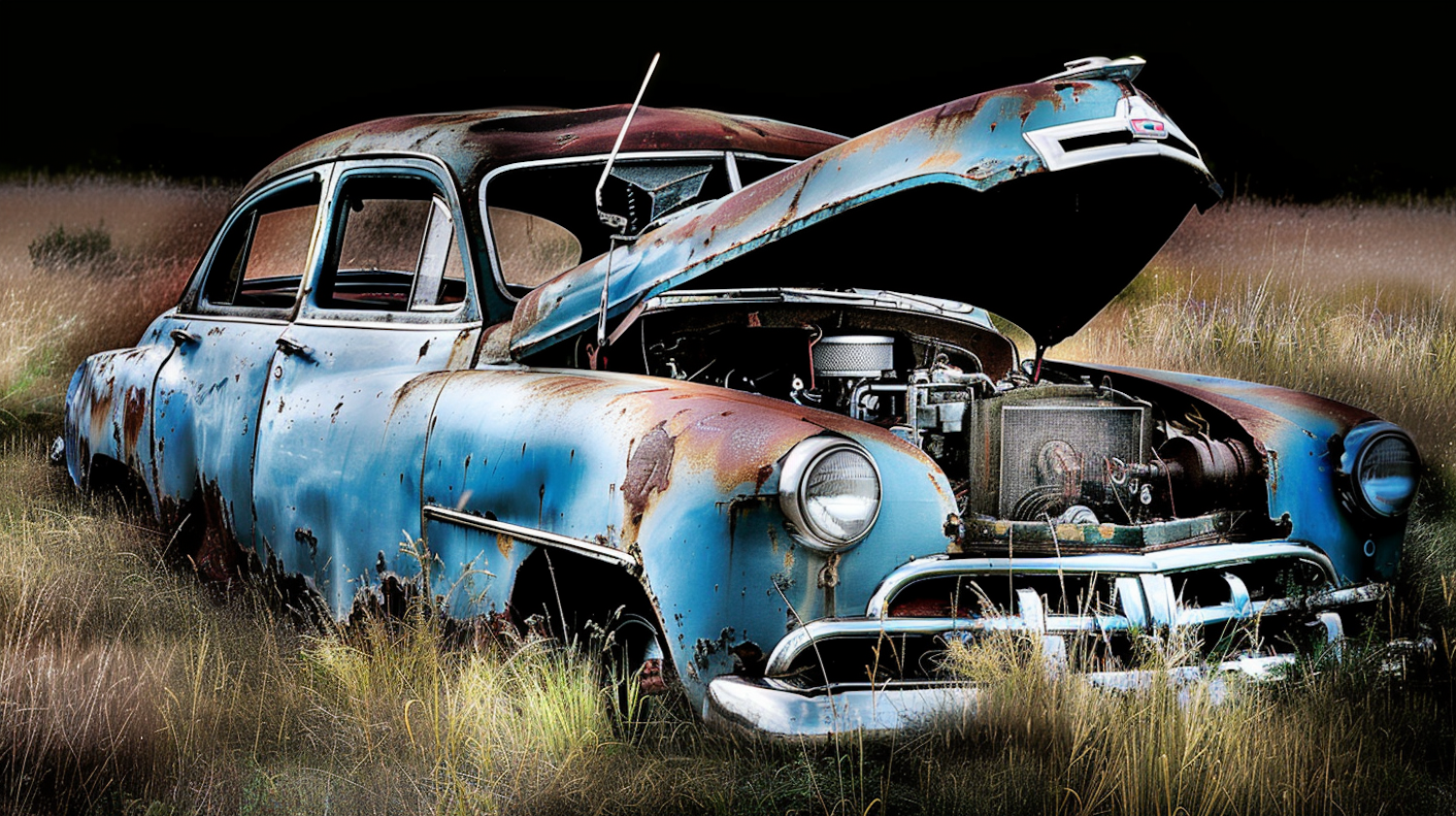 Abandoned Rusted Car in Field