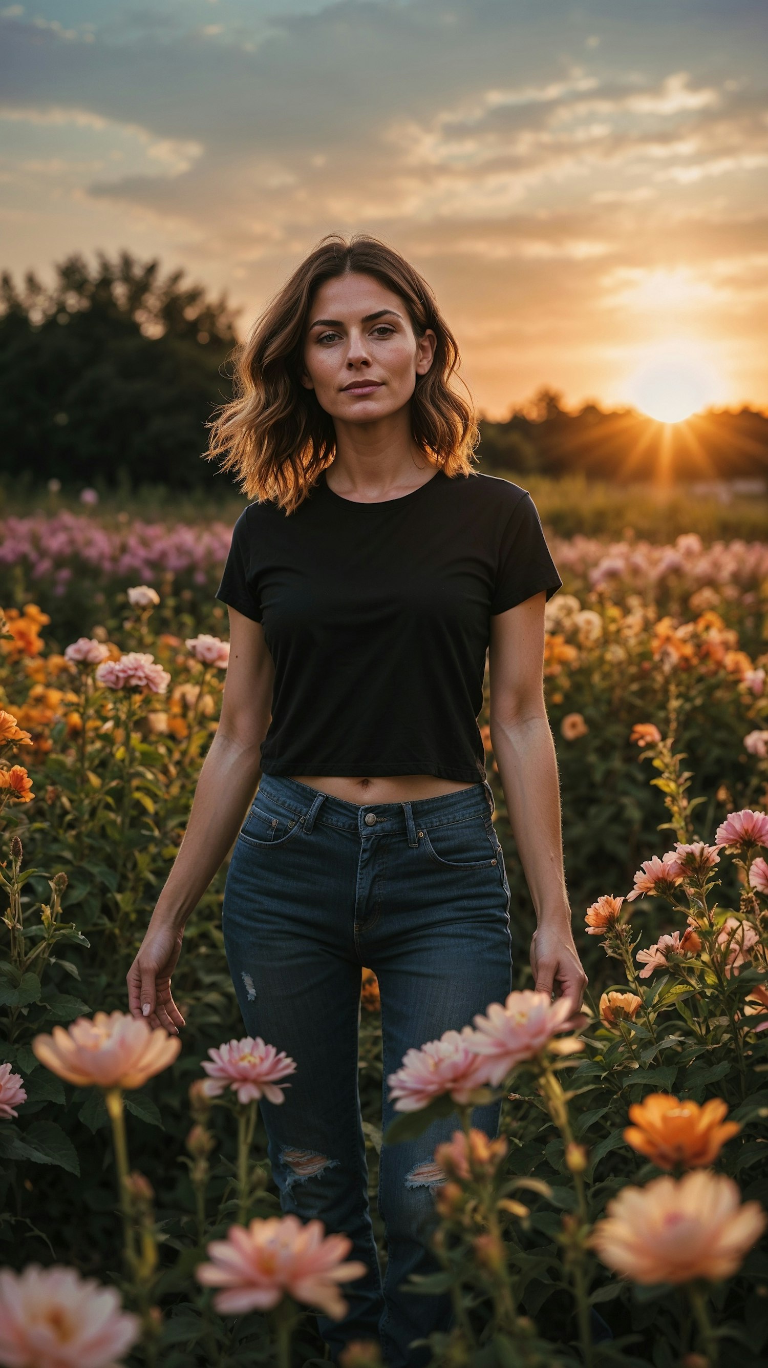 Woman in Flower Field at Sunset
