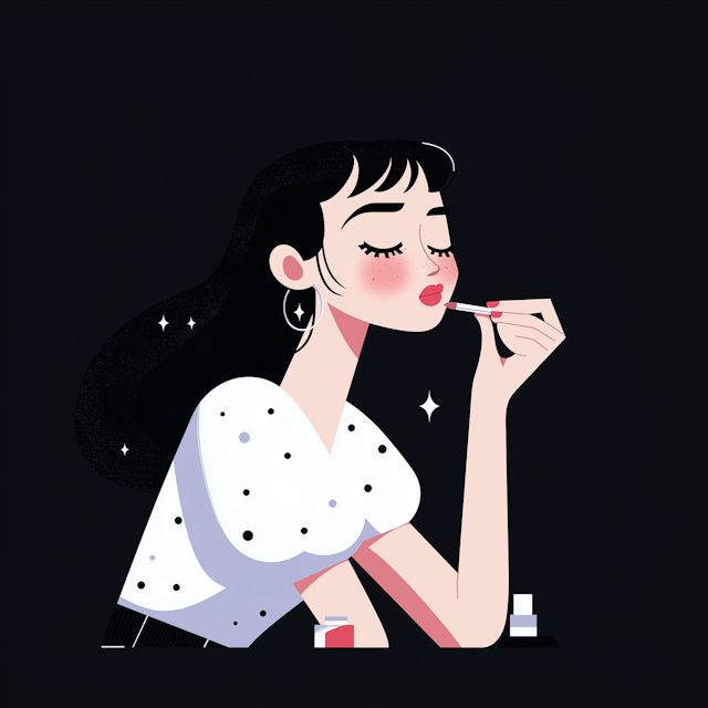 Stylized Illustration of Young Woman Applying Lipstick