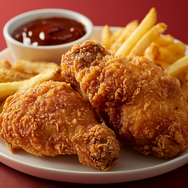 Delicious Fried Chicken with French Fries and Ketchup