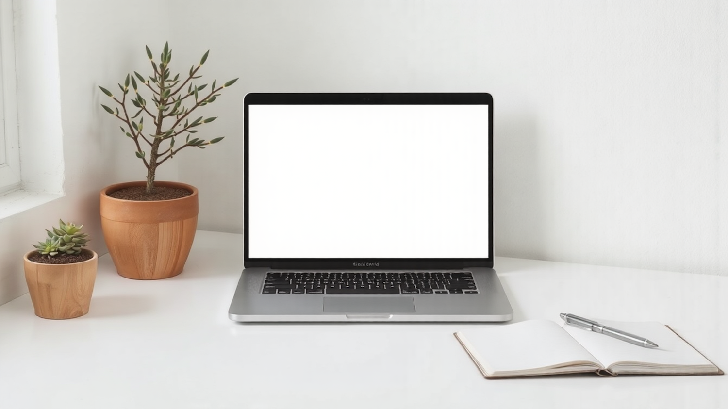 Minimalist Workspace with Laptop and Plants