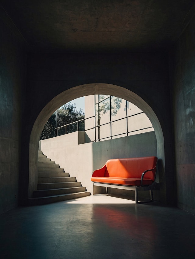 Modern Minimalist Architecture with Red Couch