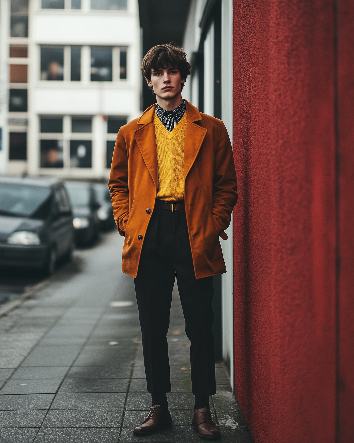 Young Man in Mustard Yellow Coat on City Sidewalk