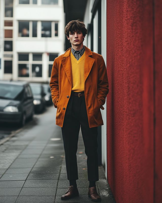 Young Man in Mustard Yellow Coat on City Sidewalk