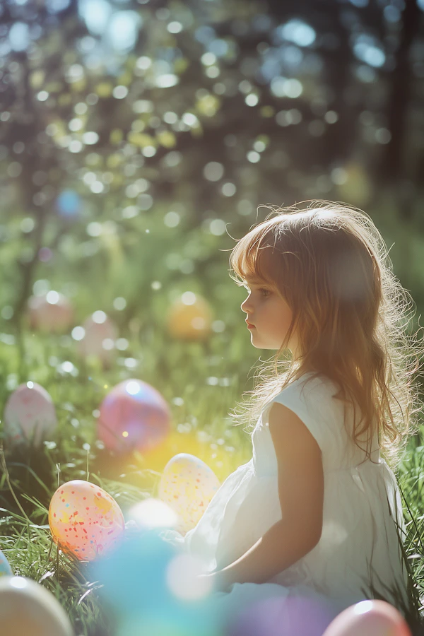 Girl in Grassy Area with Colorful Eggs
