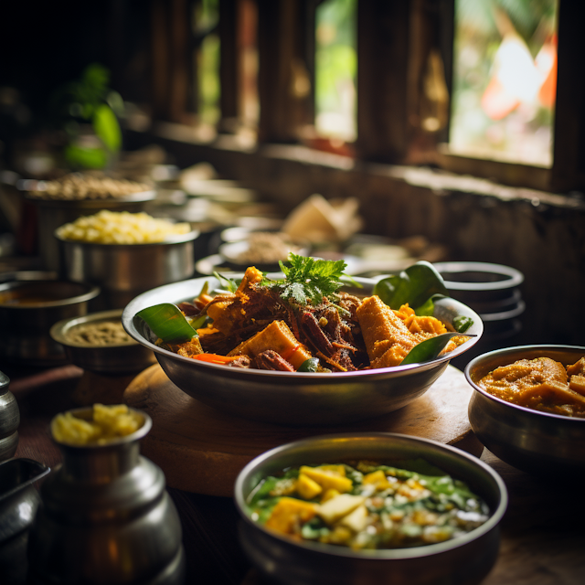 Traditional South Asian Feast with Curry Centerpiece