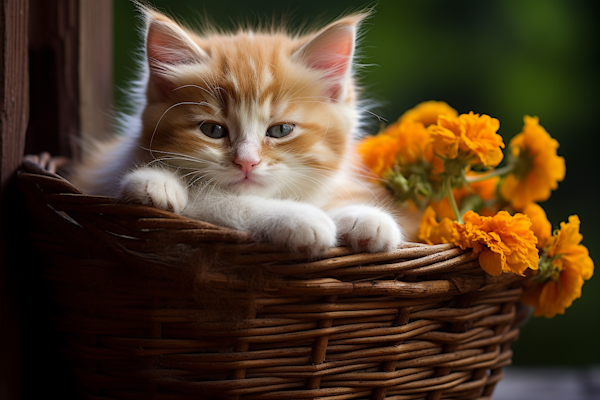 Serene Basket-Kitten with Blue Eyes and Marigolds