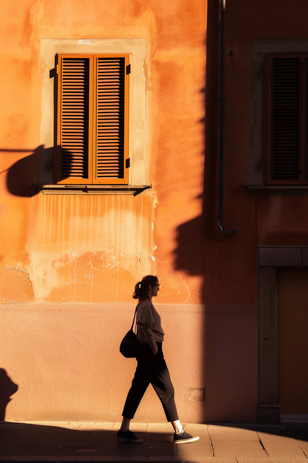 Woman Walking by Orange Wall with Dynamic Shadows