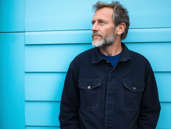 Contemplative Man Against Blue Wall