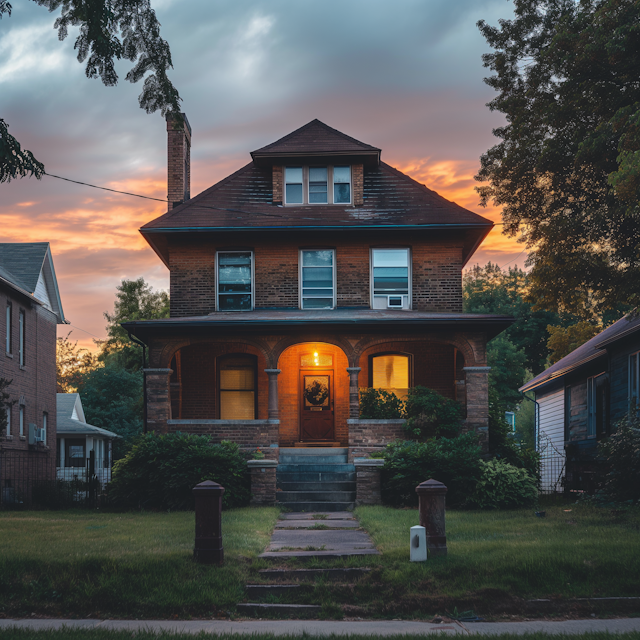 Twilight Warmth at Suburban Brick House