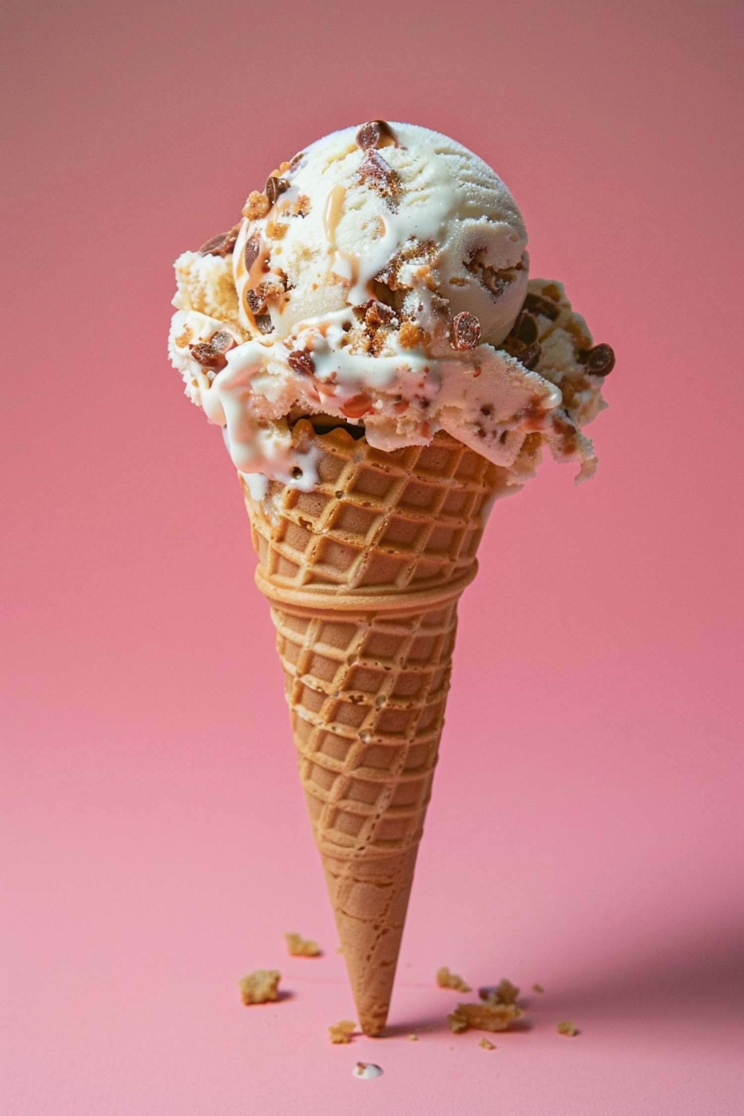 Melting Vanilla Ice Cream Cone with Caramel and Cookie Dough