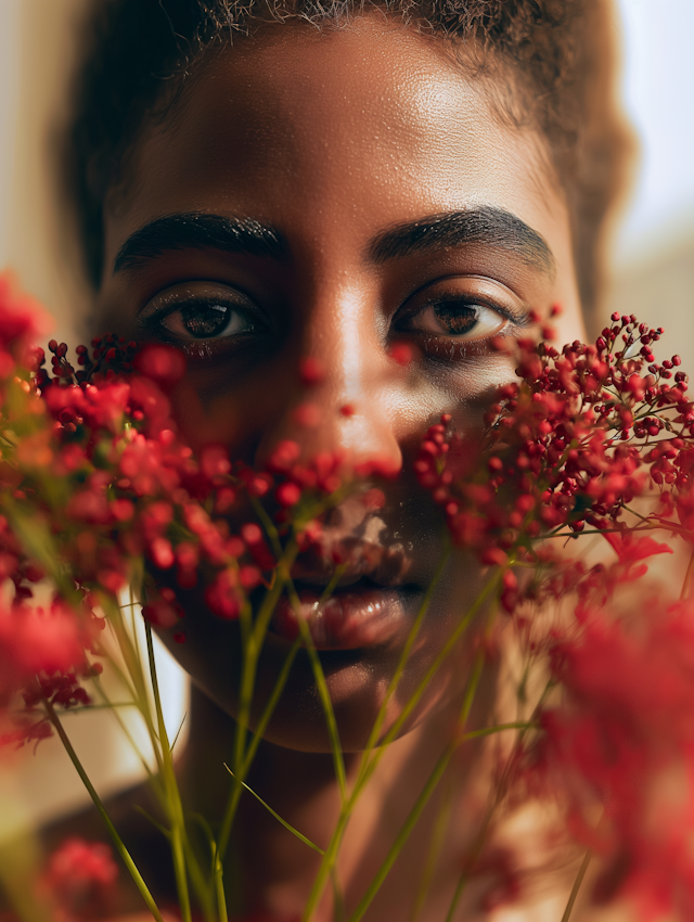 Contemplative Woman with Red Flowers