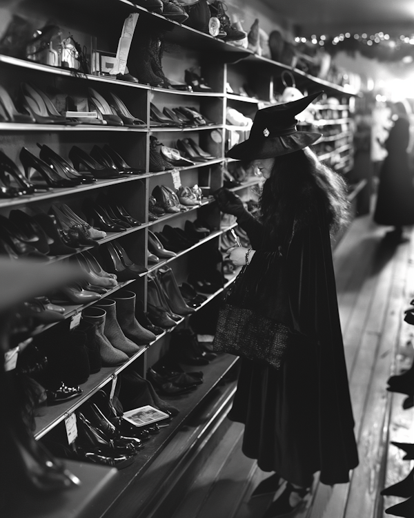 Witch Shopping for Shoes in Monochrome