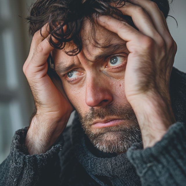 Distressed Man with Head in Hands