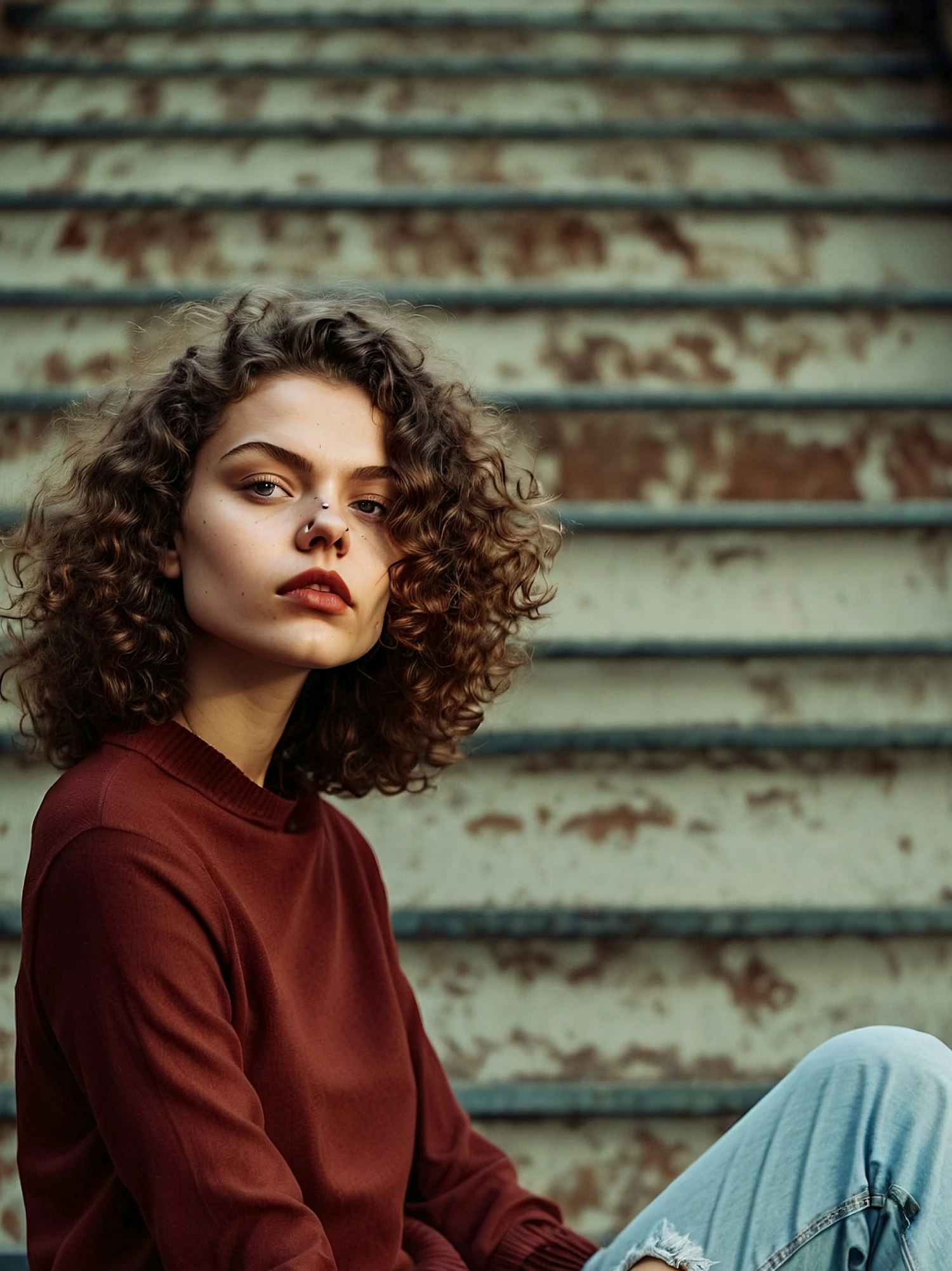 Contemplative Young Person on Stairs