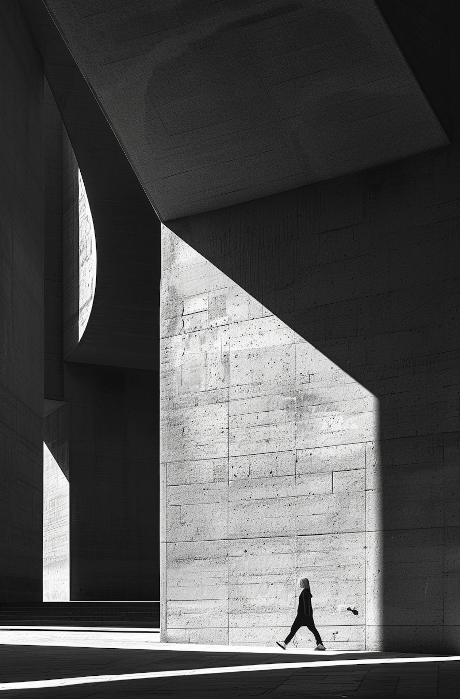 Solitary Figure Amidst Geometric Architecture