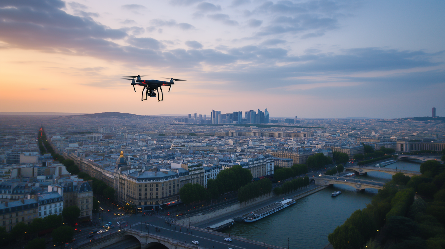 Twilight Cityscape with Drone