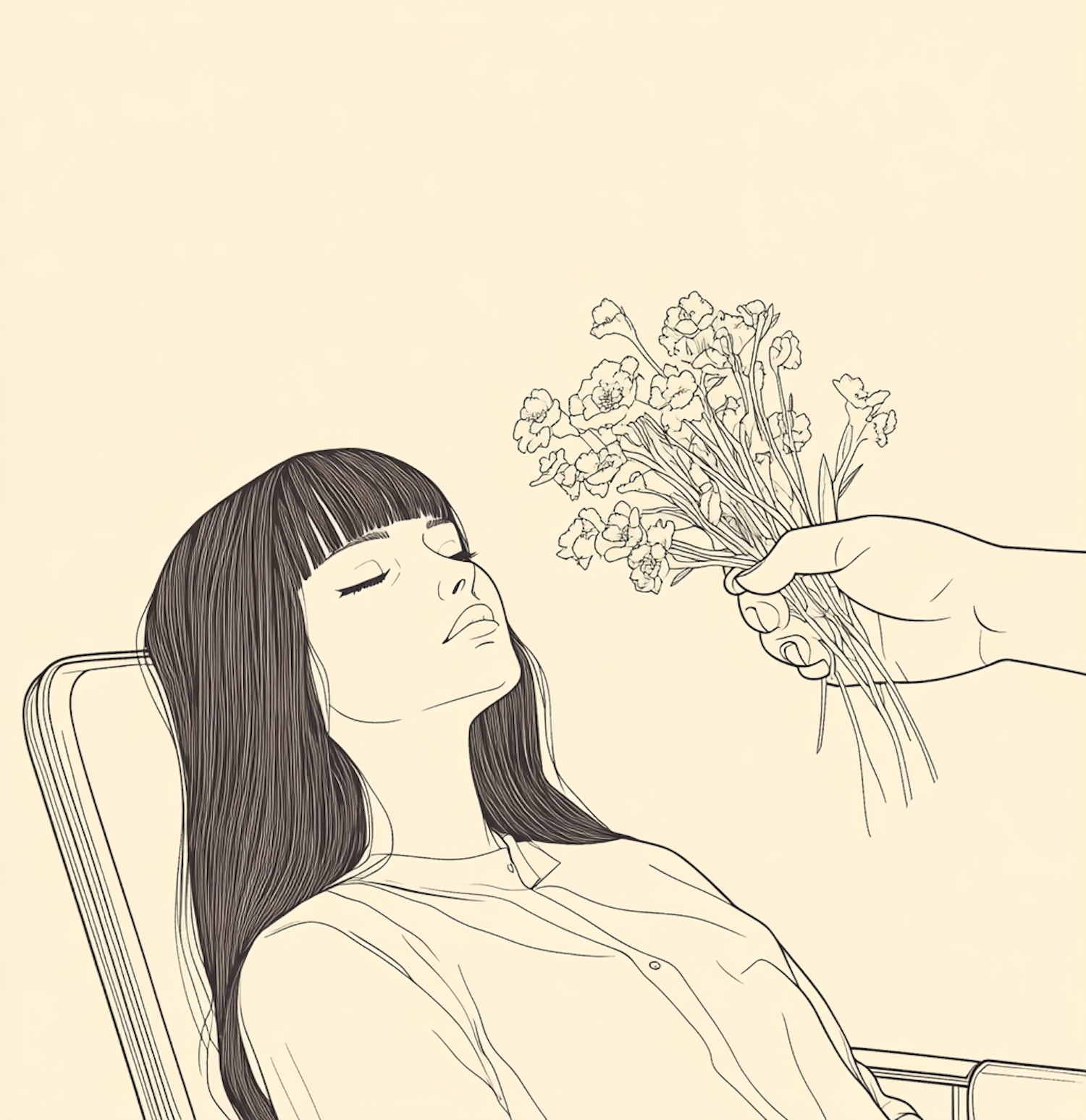 Serene Woman with Flowers Line Drawing