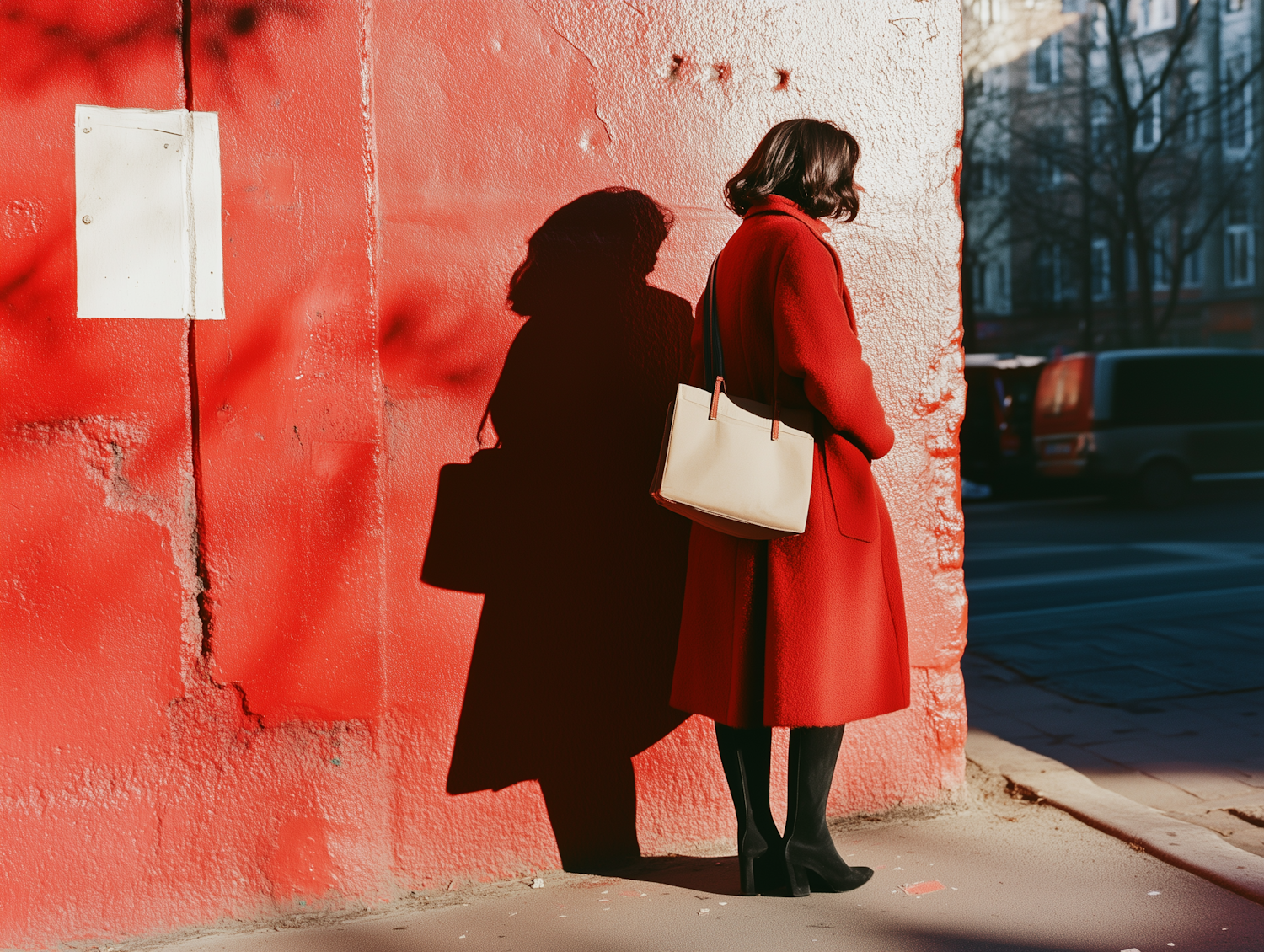 Person in Red Coat Against Red Wall