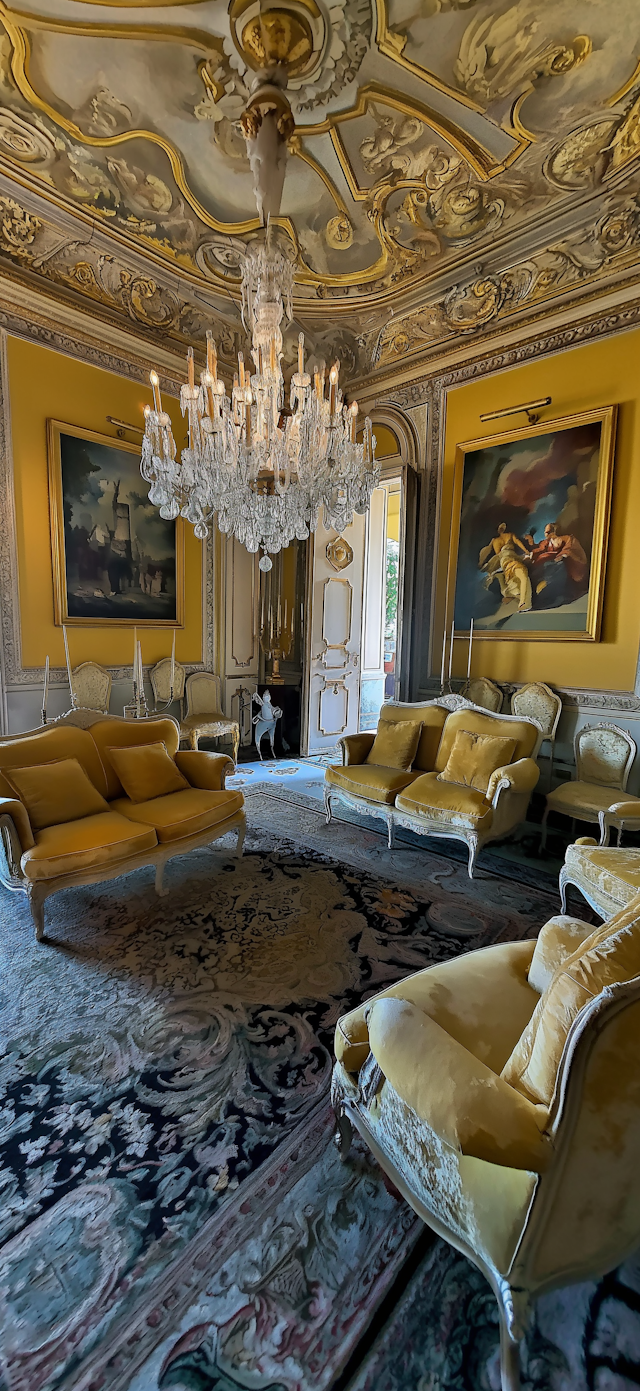 Opulent Room with Chandelier and Classical Frescoes