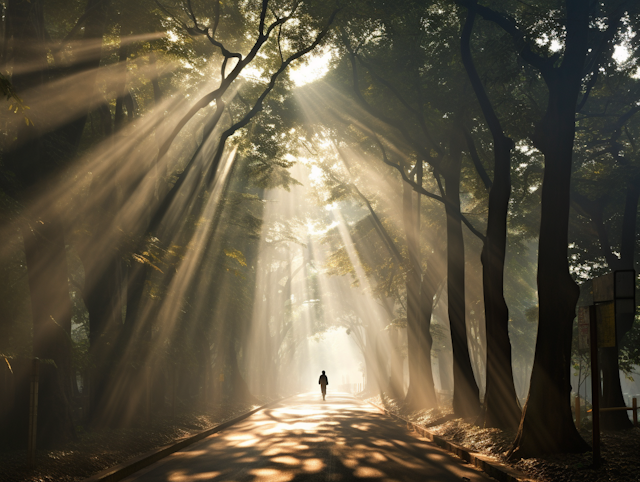 Solitary Figure in a Sunlit Misty Forest