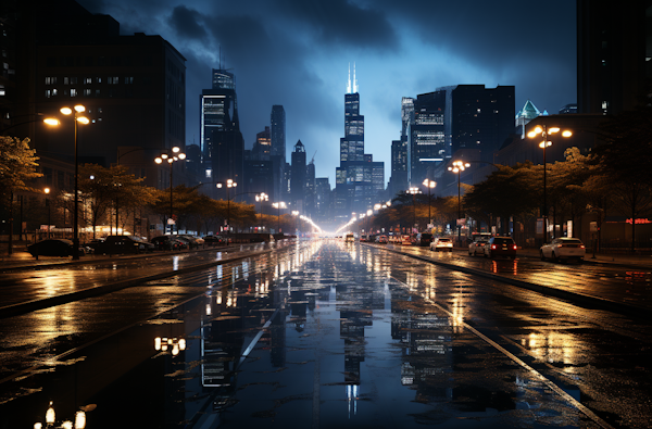 Reflective Night Glow on Rain-Slicked Avenue