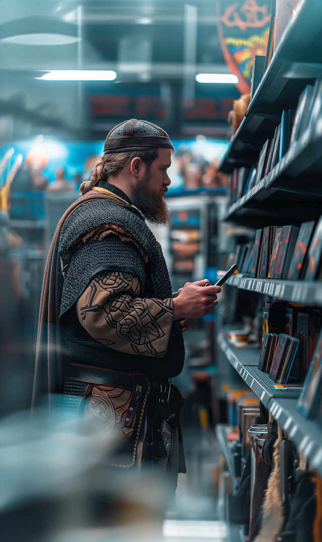 Man in Medieval Attire Browsing Store